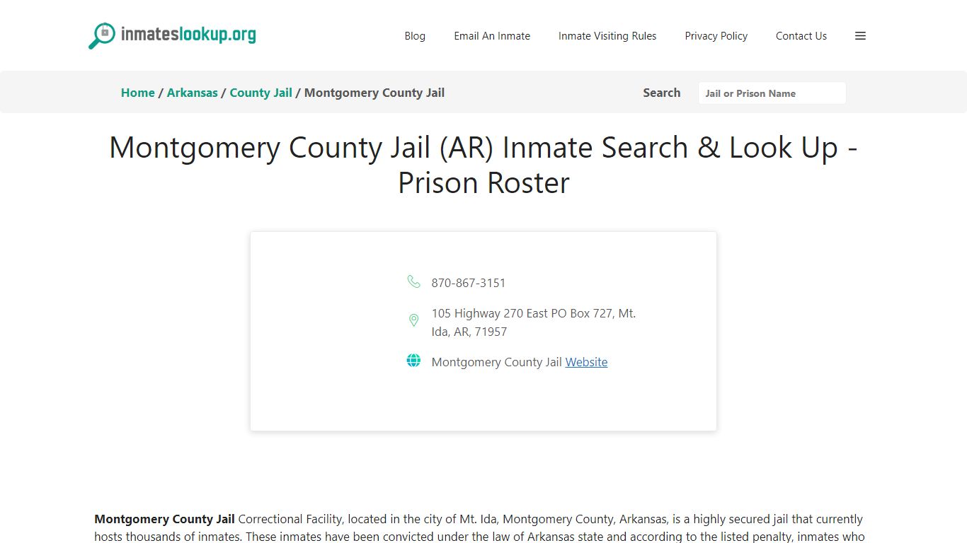 Montgomery County Jail (AR) Inmate Search & Look Up - Prison Roster